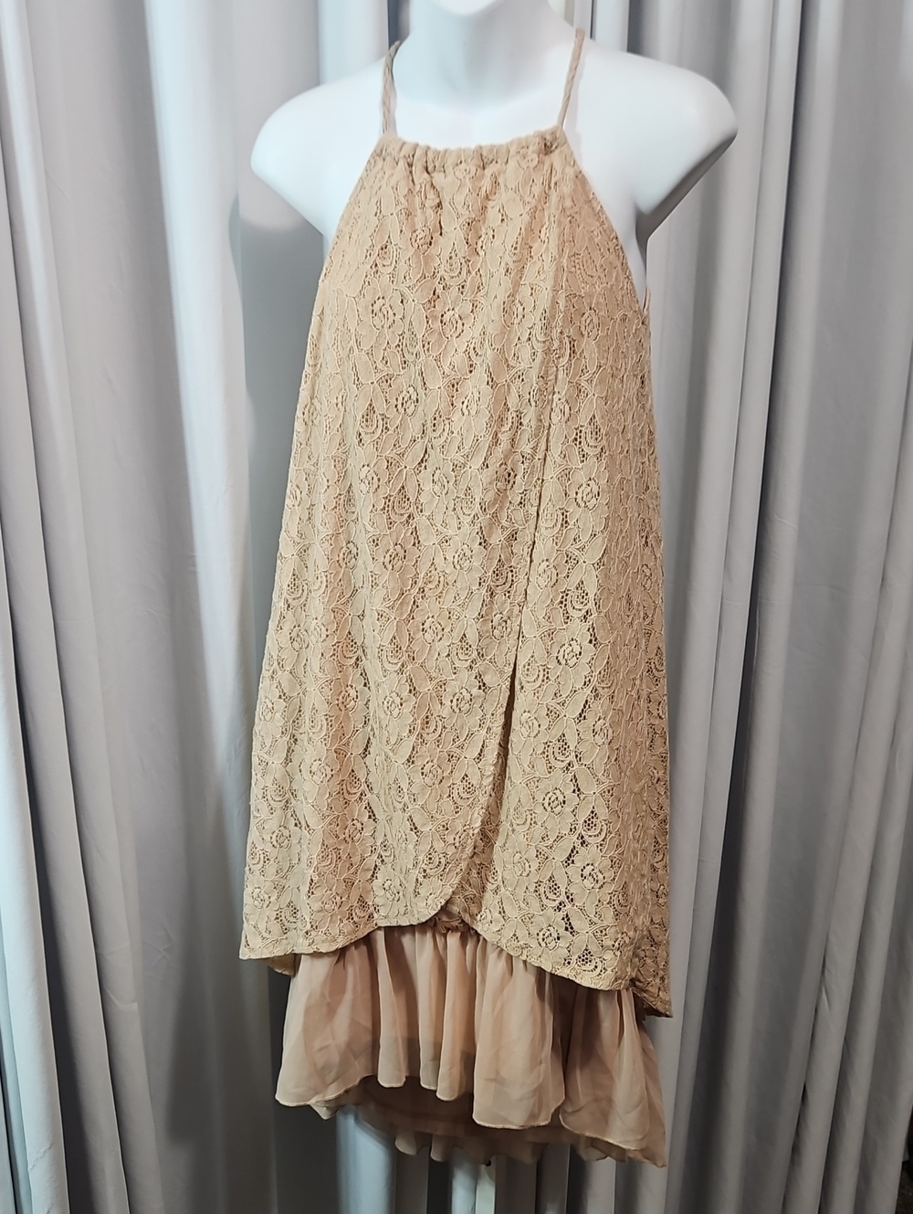 A'reve Beige Lace High Neck Swing Dress Medium Boho Romantic